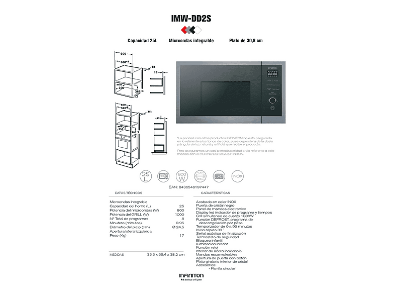 INFINITON IMW-DD2S — Microondas integrable, 1000 W, Inox, - potencia, 25 l, vista 4
