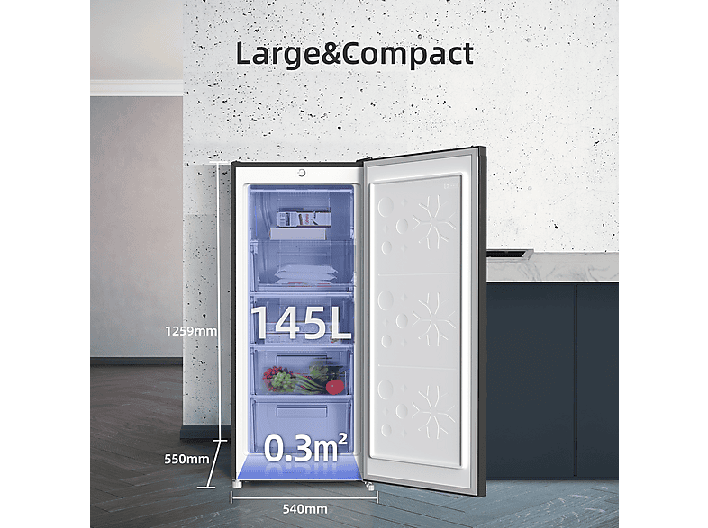 CHIQ FSD160D4E — Congelador vertical, 125,9 cm, 145 l, Color Metalico Cepillado Oscuro, vista 2