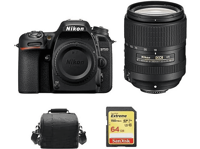 NIKON D7500 + AF-S 18-300mm F3.5-6.3G ED VR DX + 64GB SD — Cámara digital, Multicolor, 18 megapixel, 4K 3840p