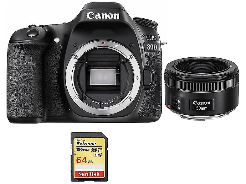 CANON EOS 80D + EF 50mm F1.8 STM + SD 64GB — Cámara digital, Negro, 18 megapixel, Full HD 1080p