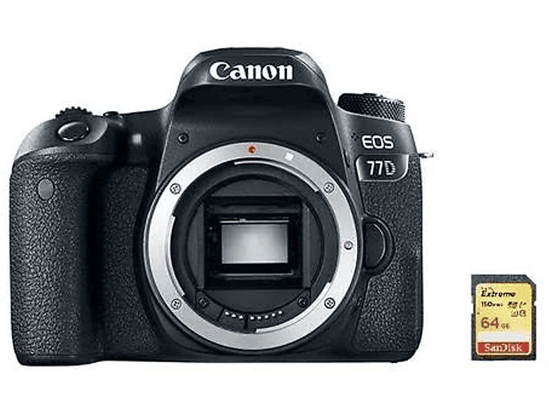 CANON EOS 77D + 64GB SD — Cámara digital, Negro, 18 megapixel, Full HD 1080p