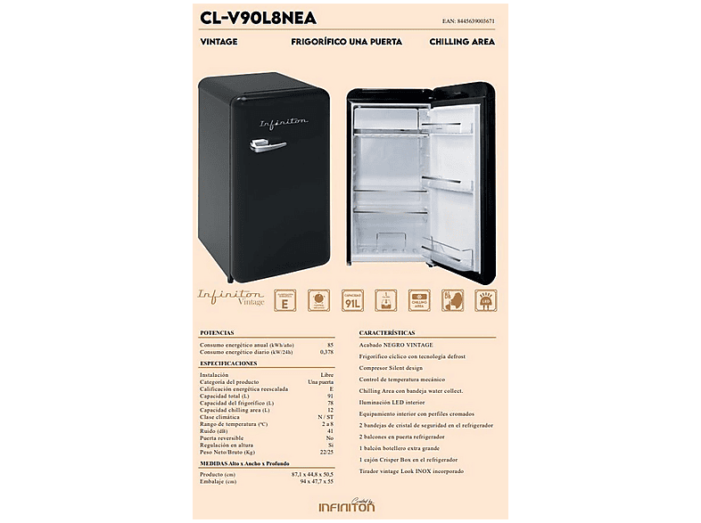 INFINITON CL-V90L8NEA — Frigorífico una puerta, Altura 871 mm, Negro, Capacidad 91 l, vista 3