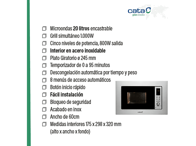 CATA 07510301 — Microondas integrable, 800 W, 8 potencia, 20 l, Color Inox, vista 2
