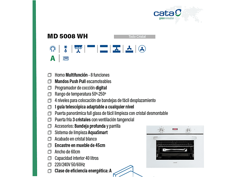 CATA 07003000 MD 5008 WH — Horno multifunción, Integrable, Hidrolítica, 59,5 cm, Blanco, vista 7