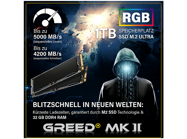 GREED MK2 AMD | Gaming Ordenador / Computer — PC Gaming, 32 GB RAM, 1000 GB SSD, Negro, AMD Ryzen 7 5700X, vista 6