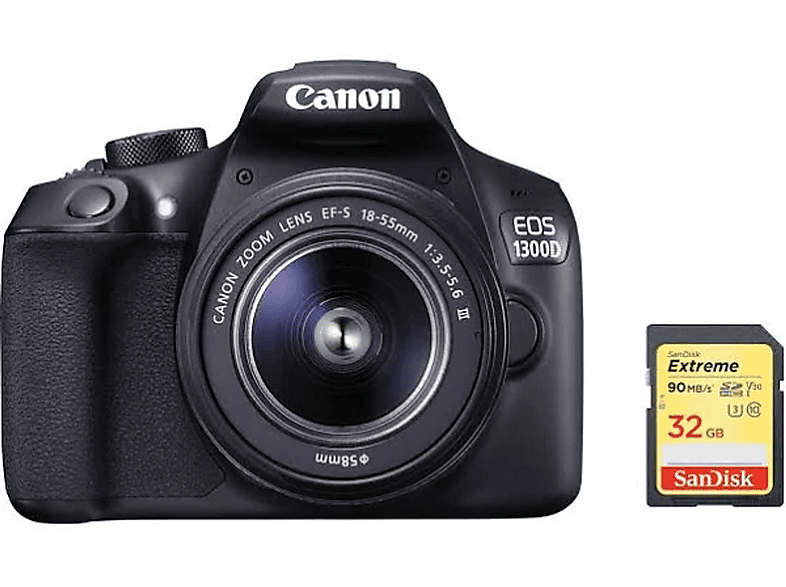 CANON 1300D EF-S 18-55mm F3.5-5.6 III + 32G SD — Cámara digital, Negro, 18 megapixel, Full HD 1080p