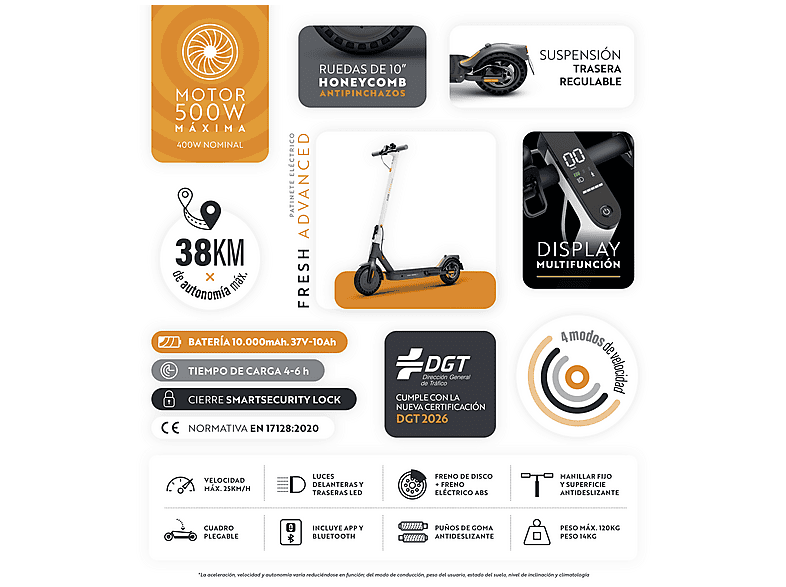 OLSSON FRESH ADVANCED homologado DGT 38km autonomía — Patinete eléctrico, Pot. máx. 500 W, Carga máx. 120 kg, 10000 mAh, Blanco, vista 2