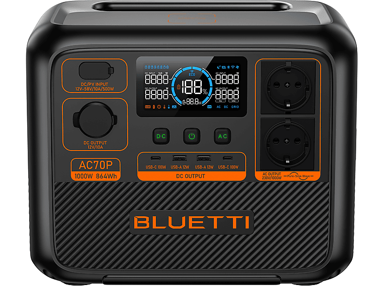 BLUETTI AC70P — Estación de energía, 2*1000W (Imagen 2700W), 864Wh, EB70 actualizado, vista 2