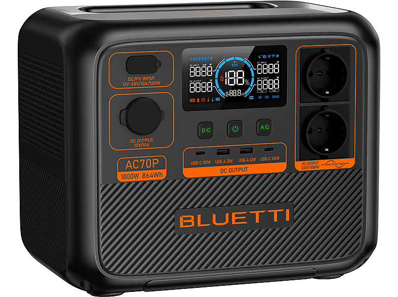 BLUETTI AC70P — Estación de energía, 2*1000W (Imagen 2700W), 864Wh, EB70 actualizado, vista 3
