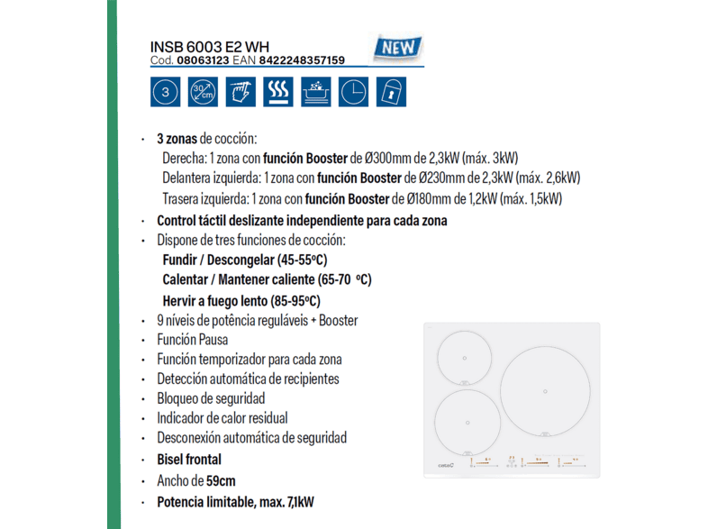 CATA INSB 6003 E2 WH — Placa de inducción, 59 cm, Blanco, 3 zonas, vista 10