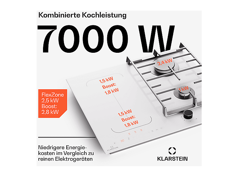KLARSTEIN MultiChef inducción — Placa de gas, 60 cm, Blanco, 4 zonas, vista 3