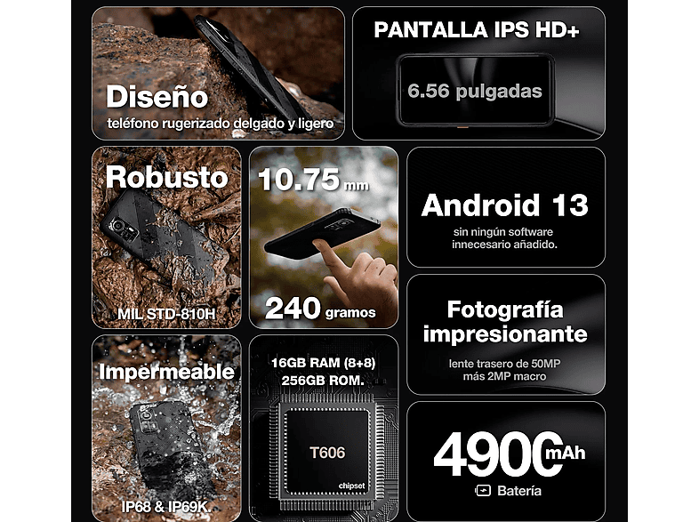 AGM H6 4G — Smartphone, Gris, 256 GB, 8 GB RAM, 4900 mAh, vista 2