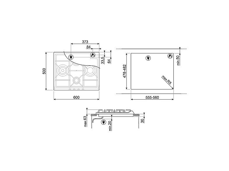 SMEG SER60SGH3 — Placa de gas, 60 cm, Inox, 4 zonas, G20 gas natural, vista 3
