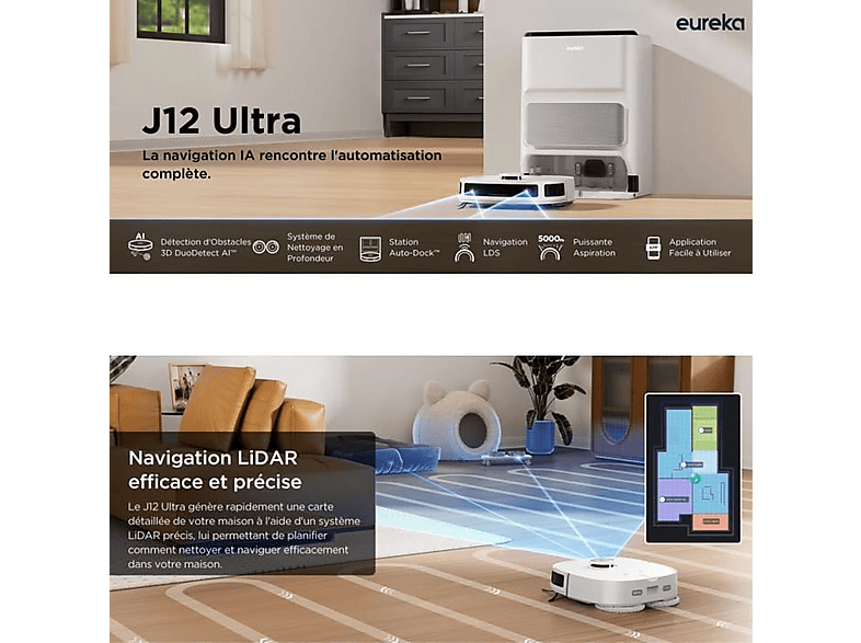 EUREKA J12 Ultra-EU-VD — Robot aspirador, 65 W, Negro, Depósito 3 l, Autonomía 2 h y 30 min, vista 5