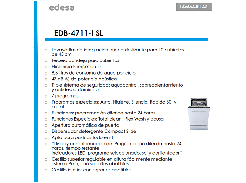 EDESA EDB-4711-I SL — Lavavajillas de libre instalación 45 cm, 10 servicios, 7 programas, 44,8 cm, blanco, vista 4
