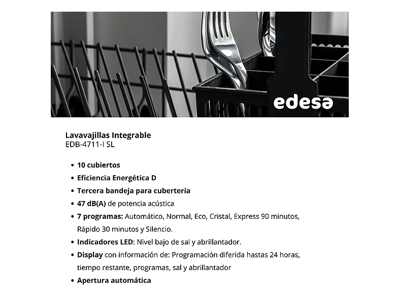EDESA EDB-4711-I SL — Lavavajillas de libre instalación 45 cm, 10 servicios, 7 programas, 44,8 cm, blanco, vista 10