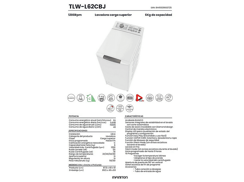 INFINITON TLW-L62CBJ — Lavadora carga superior, 6 kg, 16 programas, Blanco, vista 3