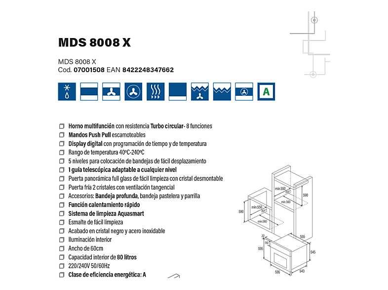 CATA MDS 8008 X — Horno multifunción, Integrable, 59,5 cm, 80 l, Acero inoxidable, vista 7
