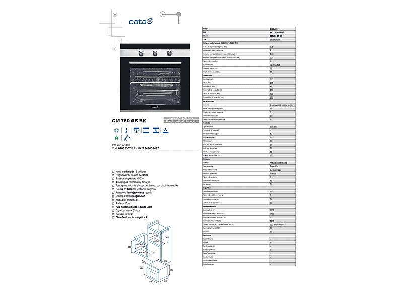 CATA CM 760 AS BK — Horno multifunción, Integrable, Hidrolítica, 59,5 cm, 50 l, vista 11