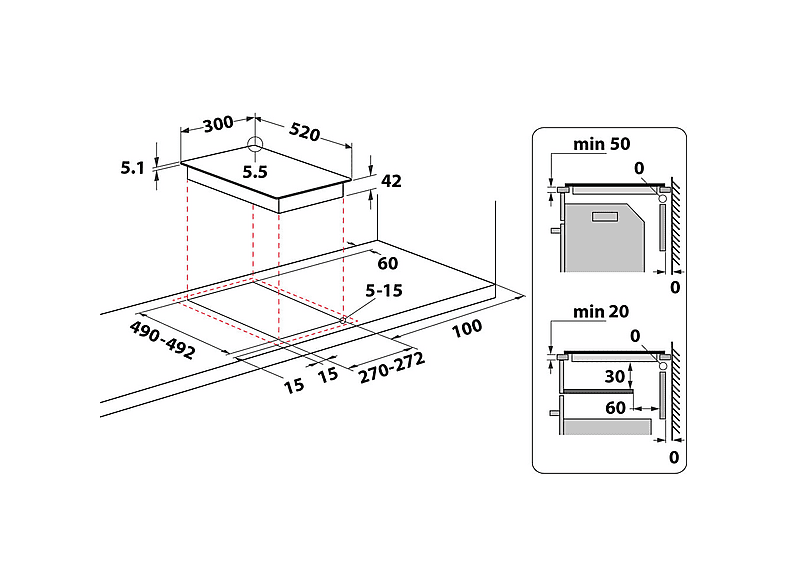 WHIRLPOOL WRD 6030 B — Placa de inducción, 300 mm, Black, 2 zona(s) zonas, vista 5