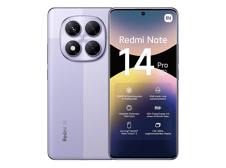 XIAOMI REDMI NOTE 14 PRO 6.67P/5G/8N/8+256GB/P — Smartphone, 8 GB RAM, 5110 mAh, Morado lavanda, Móvil Android