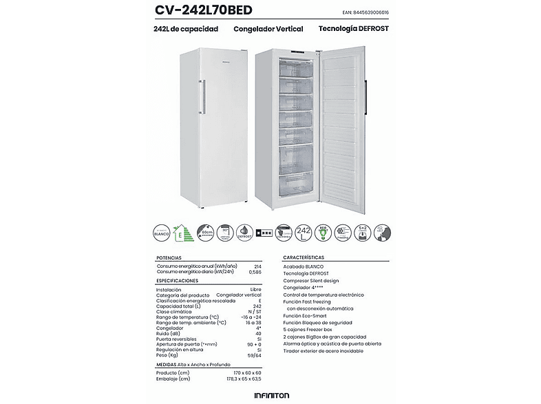 INFINITON CV-242L70BED — Congelador vertical, 170 cm, Blanco, vista 3