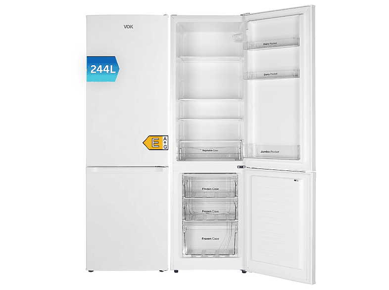 VOK EVR-244DEW — Frigorífico combi, Altura 180 cm, Blanco, Puertas Reversibles, Capacidad 244 l