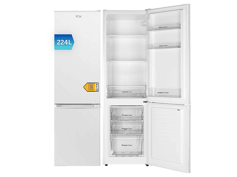 VOK EVR-224DEW — Frigorífico combi, Altura 170 cm, Blanco, Puertas Reversibles, Capacidad 224 l