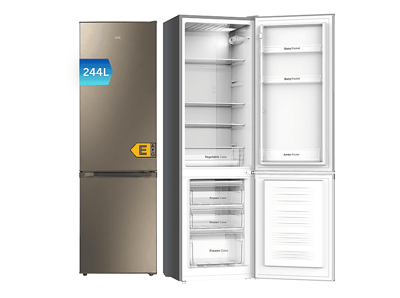 VOK EVR-244DEI — Frigorífico combi, Altura 180 cm, Inox, Puertas Reversibles, Capacidad 244 l
