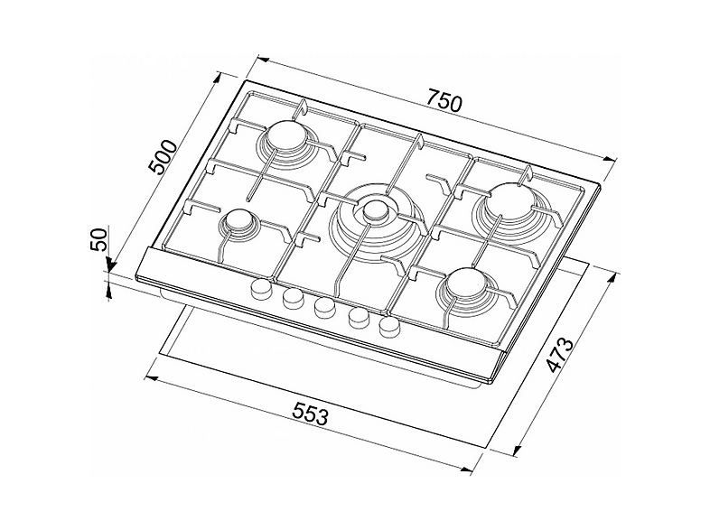 ELLECI Style 75 G51 — Placa de gas, 750 mm, Avena, 5 zone(s) zonas, vista 2