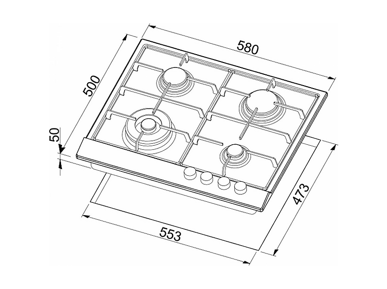 ELLECI Style 60 G51 — Placa de gas, 580 mm, Avena, 4 zone(s) zonas, vista 2