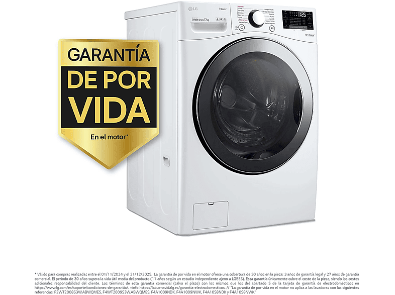 LG F1P1CY2W — Lavadora carga frontal, 17 kg, 1100 rpm, 14 Programas, Blanco Marfil, vista 7