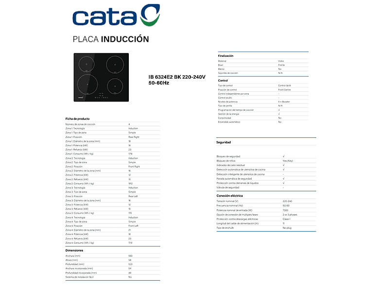 CATA IB-6324E2 — Placa Inducción, 59 cm, Negro, 4 zonas, vista 9