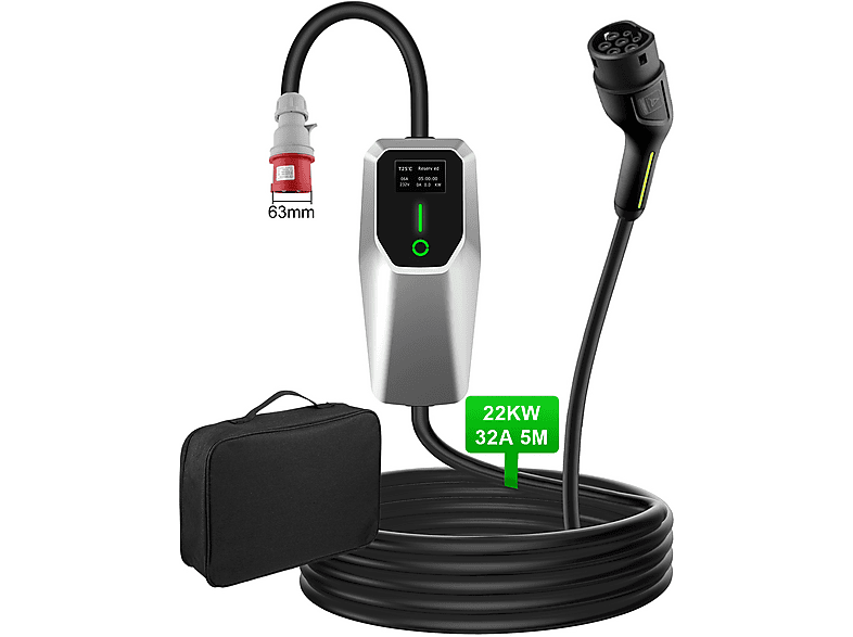 JUNSUN 22kW 5m [ 6-32A — Cargadores vehiculos eléctricos, Negro, 3-Fases]