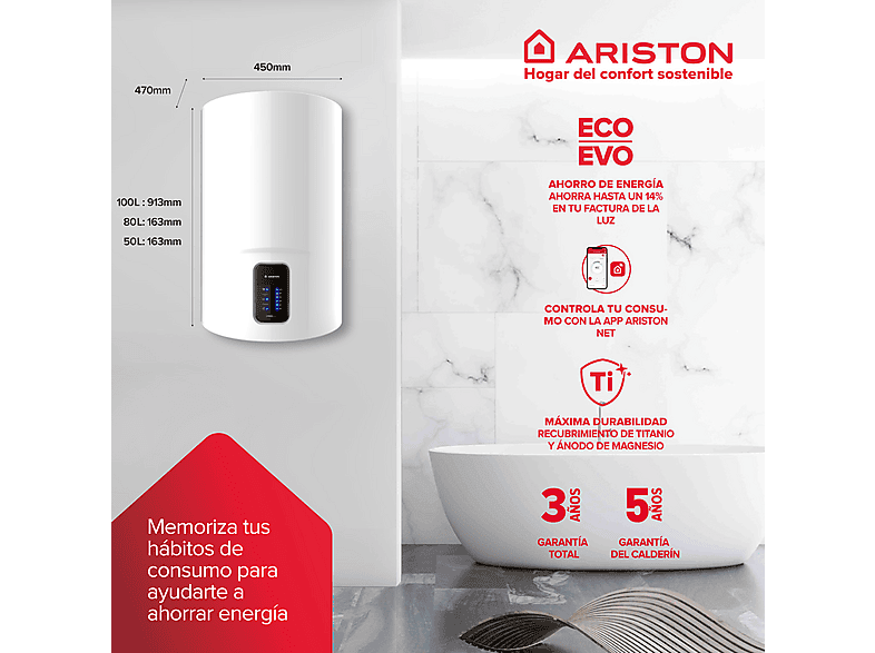 ARISTON — Termo Eléctrico, Blanco, LYDOS WIFI 80 V 1,5K EU + INSTA + POLIF ARISTON, 80 l, vista 3