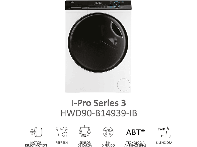 HAIER I-Pro Series 3 HWD90-B14939-IB — Lavadora secadora, 9 kg+6 kg, 15 programas, Vapor, Blanco, vista 6