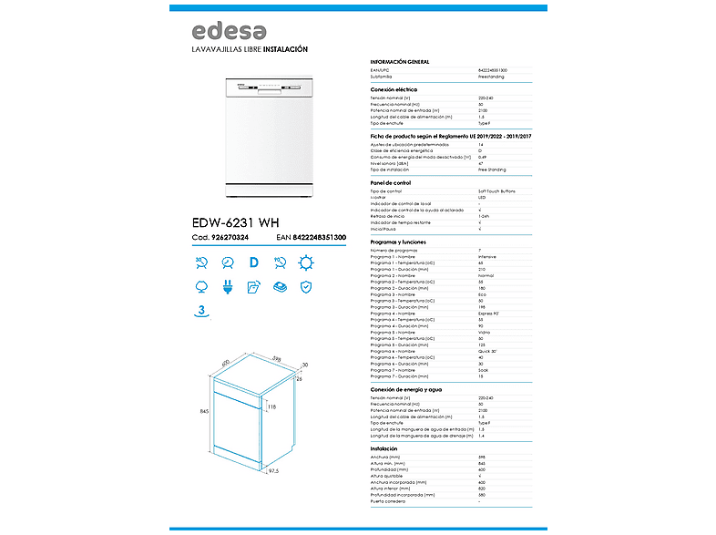 EDESA EDW-6231 WH — Lavavajillas libre instalación 60 cm, 14 servicios, 7 programas, 59,8 cm, Blanco, vista 9