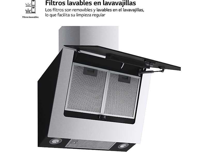 LG HCEZ2428B — Campana decorativa, 3 velocidades, 60 cm, 630 m³/h, Acero inoxidable y Cristal negro, vista 6