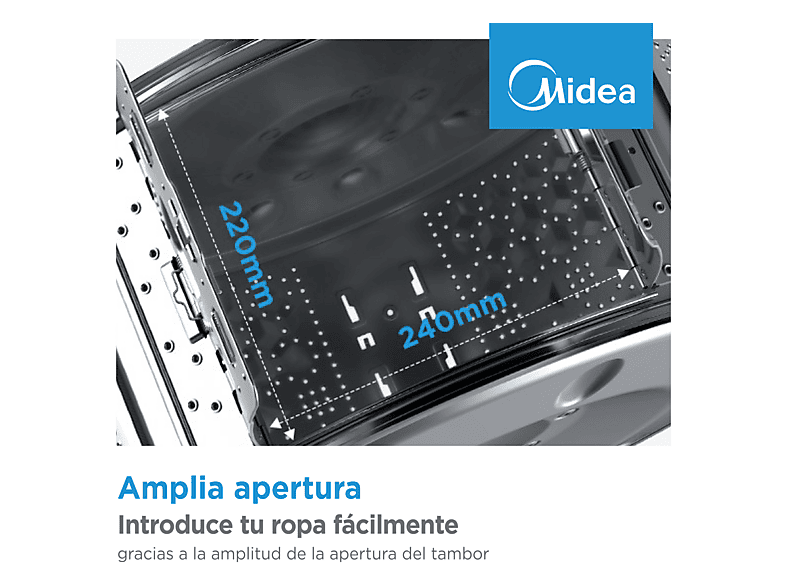 MIDEA MF100T80B/W-ES — Lavadora carga superior, 8 kg, 15 programas, Display, Blanco, vista 7