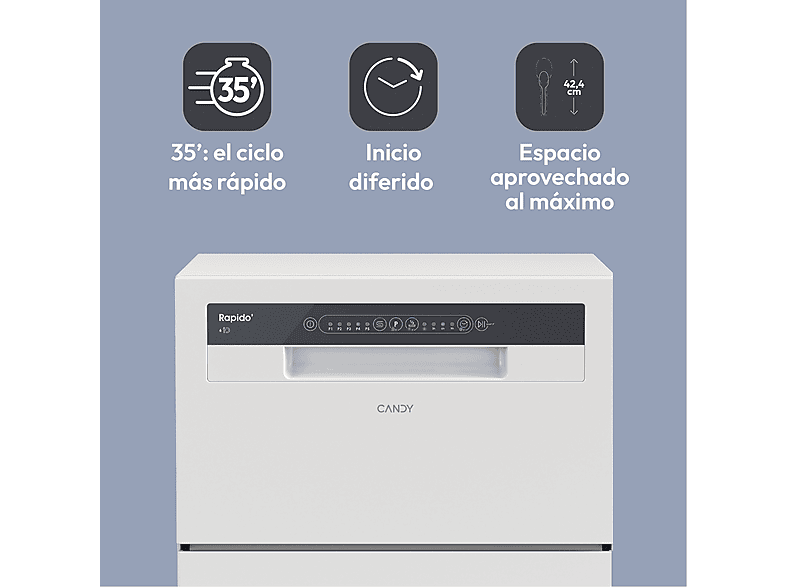 CANDY Rapido' CP 6E51LW — Lavavajillas compacto, 6 servicios, 5 programas, 45 cm, Blanco, vista 7