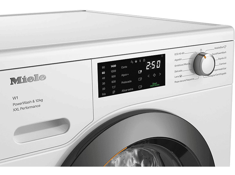 MIELE WCK360 WCS — Lavadora carga frontal, 10 kg, 11 programas, 1400 rpm, QuickPowerWash, vista 3