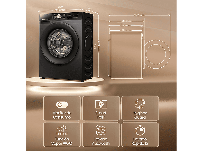 HISENSE WF3S9043BB3 — Lavadora carga frontal, 9 Kg, 14 programas, Negro, 1400 rpm, vista 3