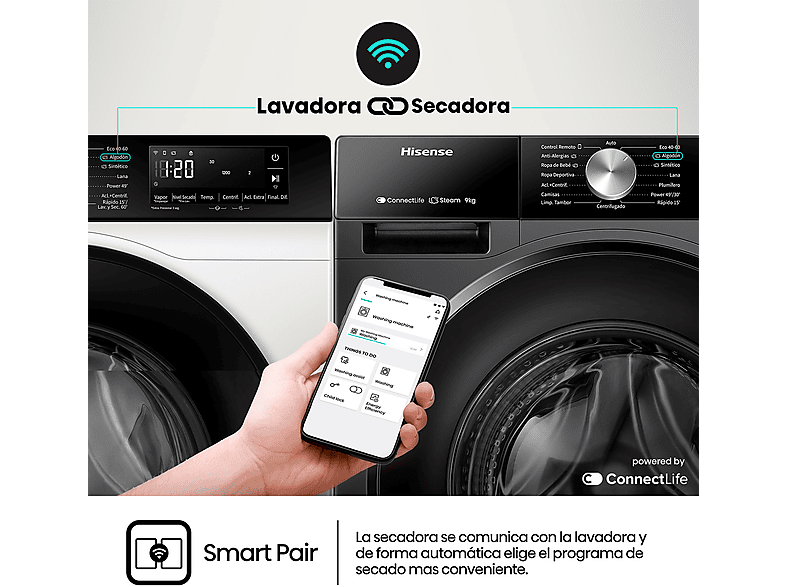 HISENSE WF3S9043BB3 — Lavadora carga frontal, 9 Kg, 14 programas, Negro, 1400 rpm, vista 6