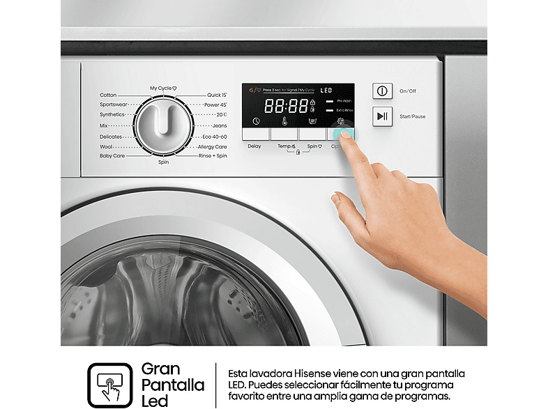 HISENSE WF3M841BWIES — Lavadora integrable, 8 kg, 15 programas, 1400 rpm, Secado Allergy Care, vista 9