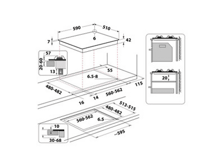 INDESIT ING 61T/BK 1 — Placa de gas, 59 cm, Negro, 4 zone(s) zonas, vista 5
