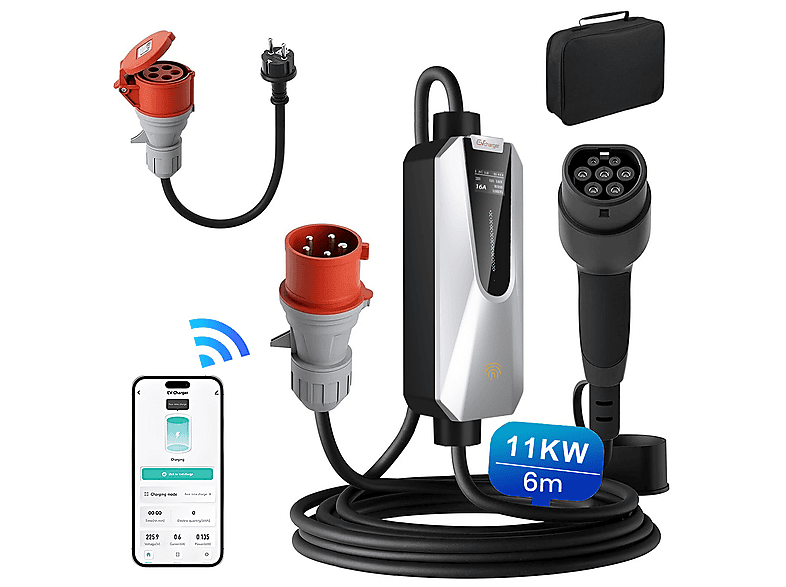 JUNSUN 11KW 6M Tipo 2 6A-16A — Cargadores vehículos eléctricos, Control APP, plateado, adaptador, plateado