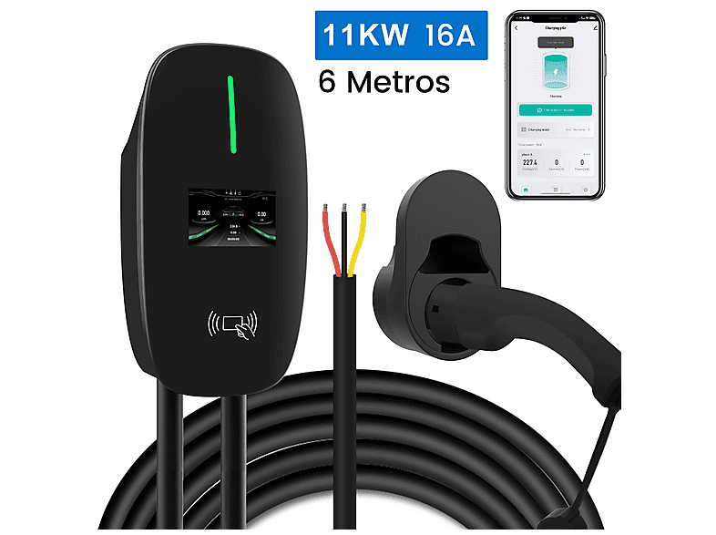 JUNSUN 11KW 6M Tipo 2 6A-16A — Cargadores vehículos eléctricos, Black, Control APP, BLACK