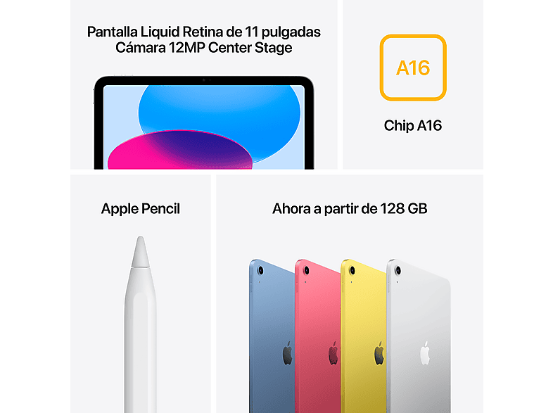 APPLE iPad (11ªgen) — Tablet, 128GB, Plata, Retina, WiFi + Cell, vista 7