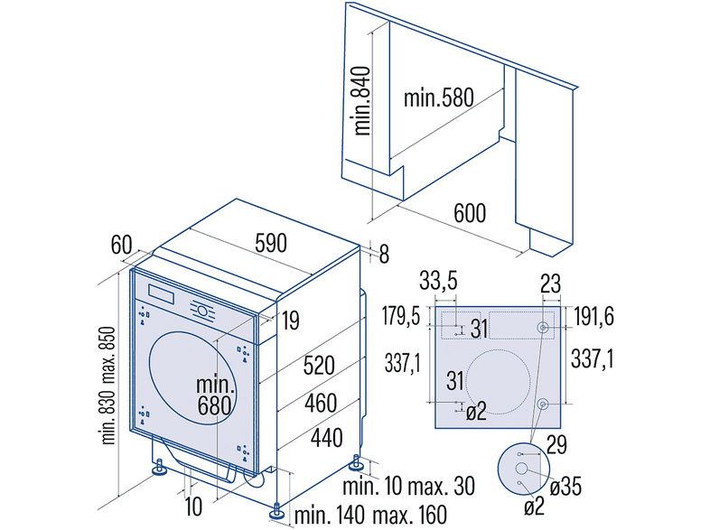CATA LI 08015 — Lavadora integrable, 8 kg, 16 programas, Blanco, vista 3