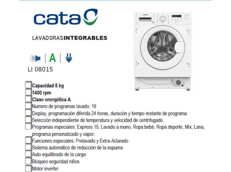 CATA LI 08015 — Lavadora integrable, 8 kg, 16 programas, Blanco, vista 10